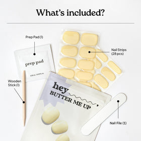 heyhae kit contents laid out including strips file stick and prep pad
