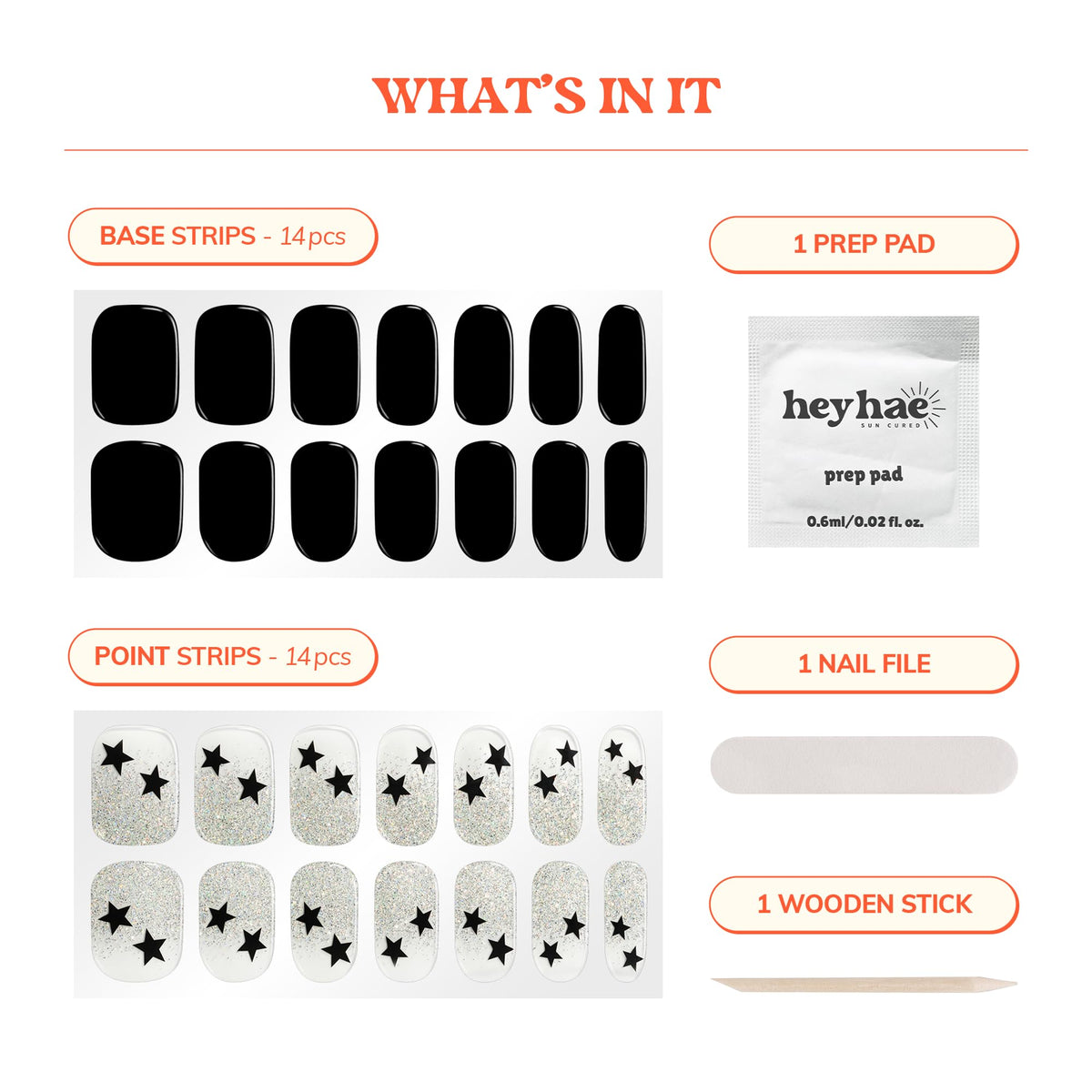 heyhae kit contents laid out, includes strips file prep pad and stick
