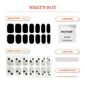 heyhae kit contents laid out, includes strips file prep pad and stick