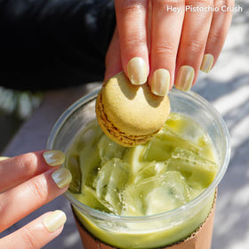 heyhae finished nail outdoors showing pistachio-green shine for eye-catching wear