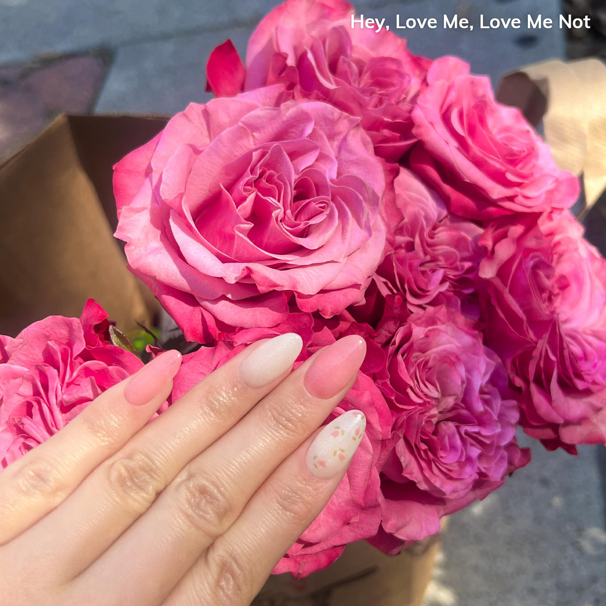 heyhae model wearing finished nails showcasing romantic blush aesthetic