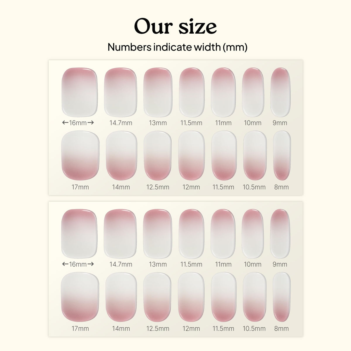 heyhae strips next to ruler showing size options and accurate fit