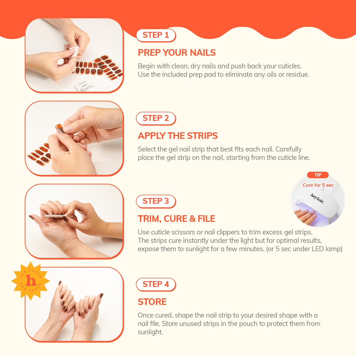 heyhae strips next to fingertip for scale so buyers choose correct nail sizes