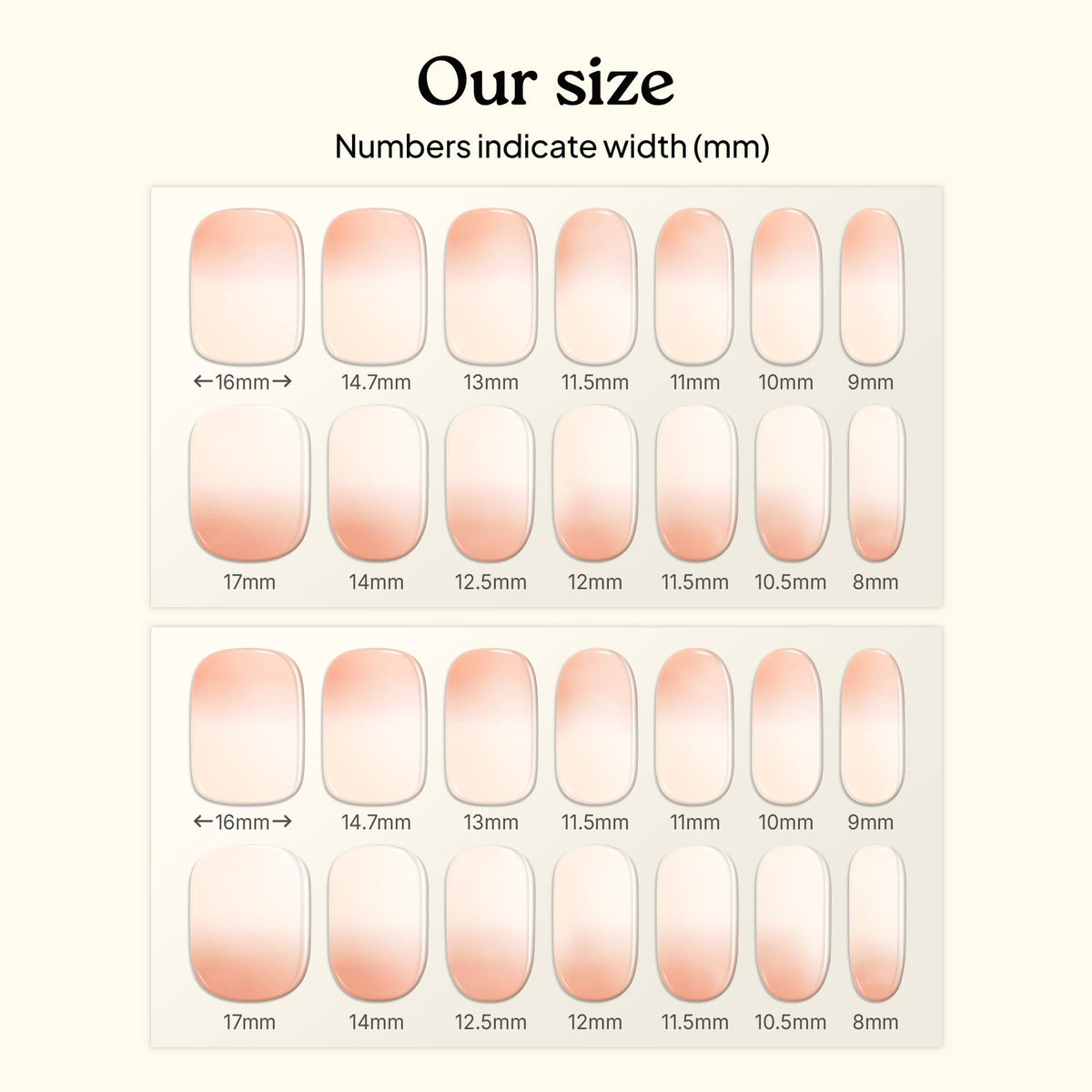 heyhae strips next to hand showing size options for perfect fit
