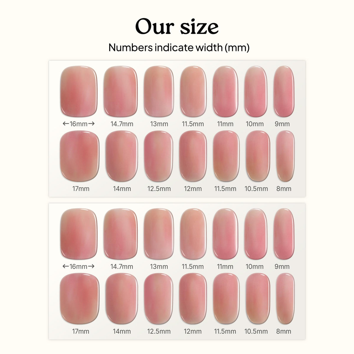 heyhae full layout of 28 strips showing size variety for fit