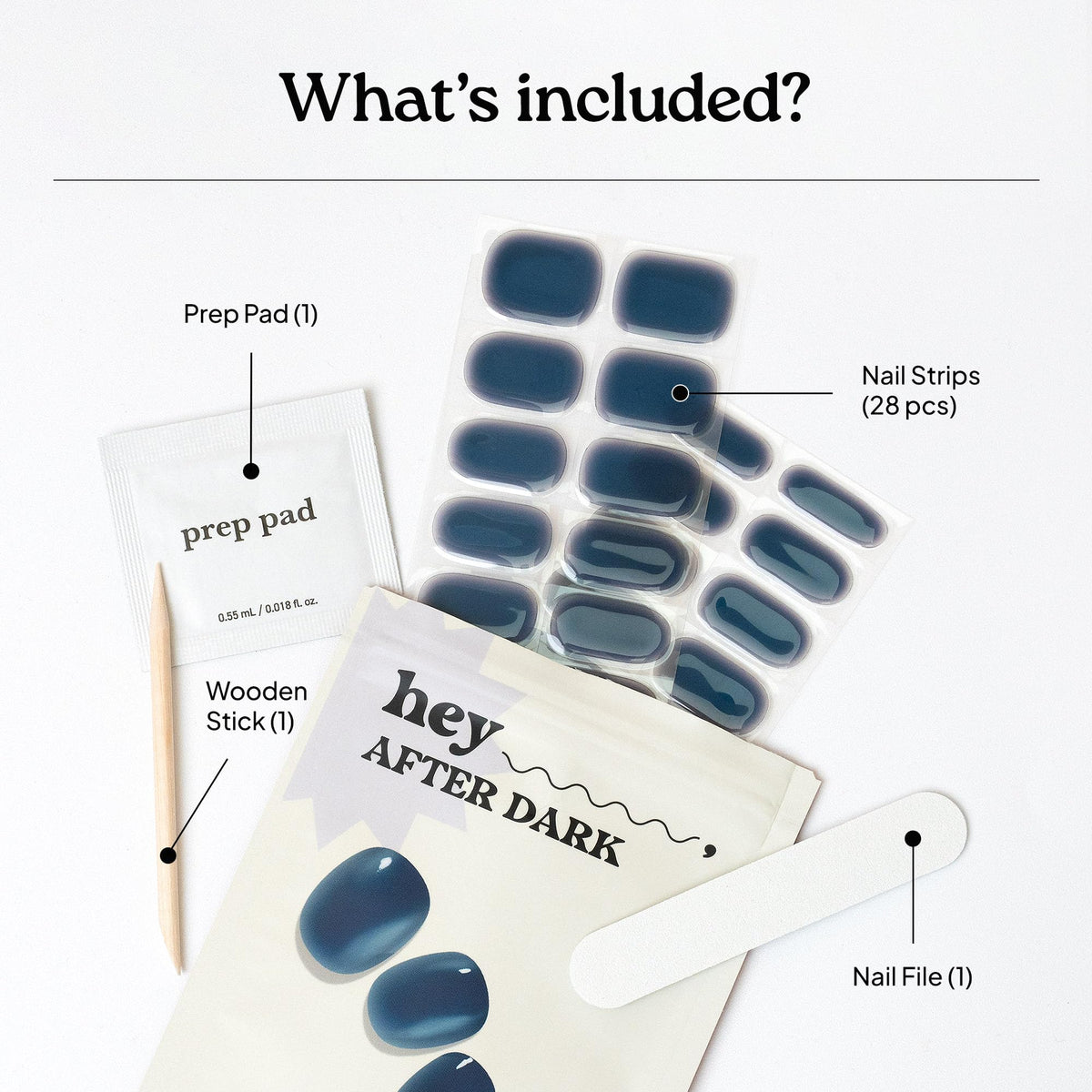 heyhae kit contents flatlay showing prep pad, nail file, wooden stick and strips for convenience