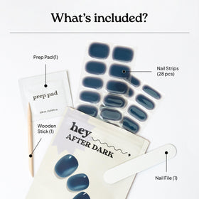 heyhae kit contents flatlay showing prep pad, nail file, wooden stick and strips for convenience