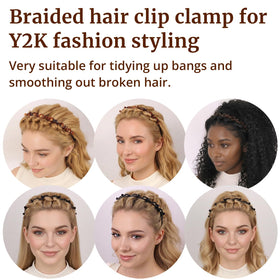 HFZRZFH brown headband on model securing face-framing sections with subtle finish benefit