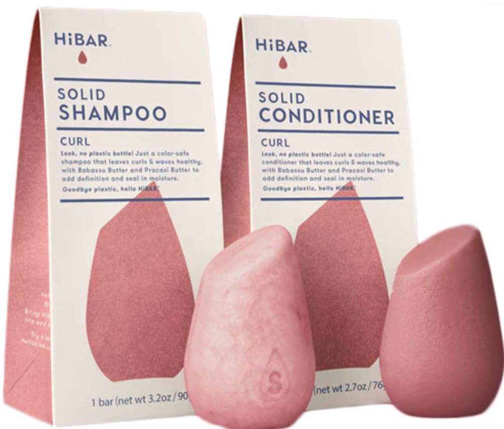 HiBAR front packaging showing curl shampoo and conditioner set and planet-friendly benefit