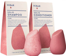 HiBAR front packaging showing curl shampoo and conditioner set and planet-friendly benefit