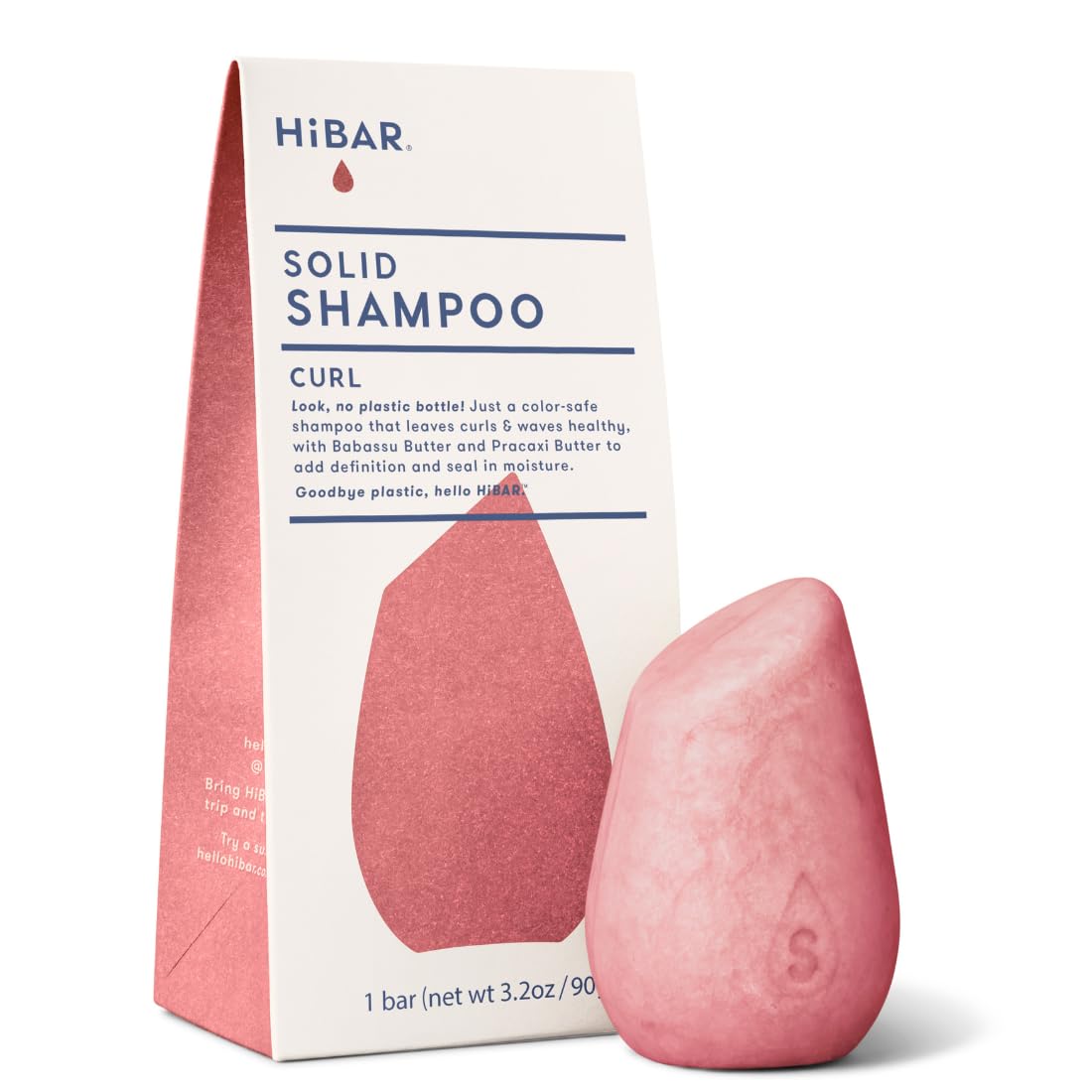 HIBAR front packaging showing curl shampoo bar and plastic-free benefit
