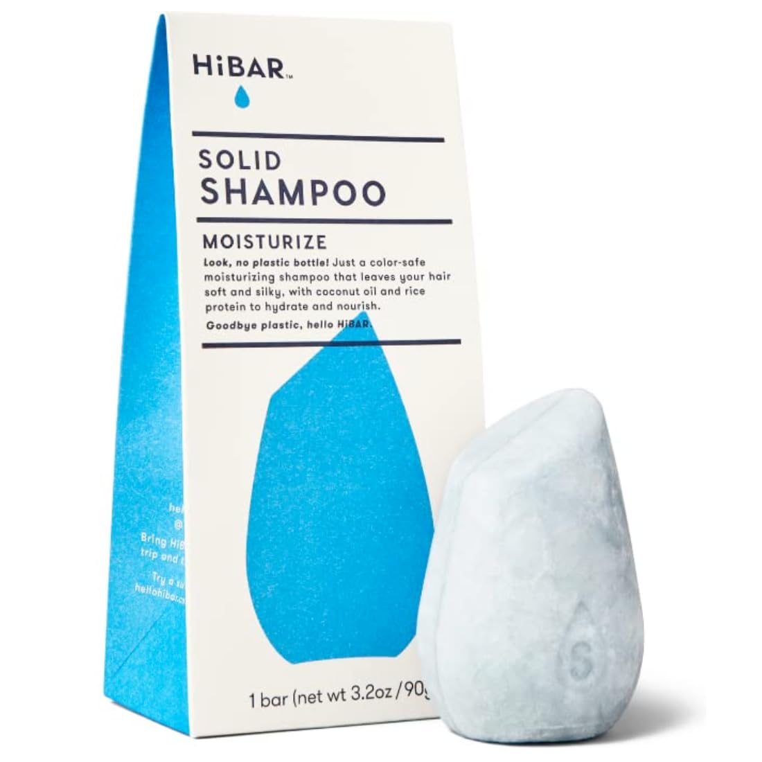 HIBAR front packaging showing moisture-focused solid shampoo and sustainable benefit