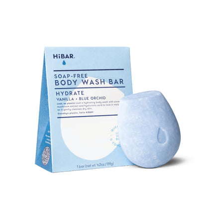 HIBAR Hydrate front packaging showing vanilla and blue orchid scent, eco-friendly benefit