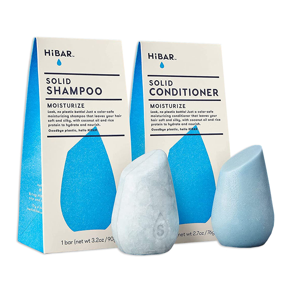 HiBAR front packaging showing solid shampoo and conditioner bars, eco-friendly benefit