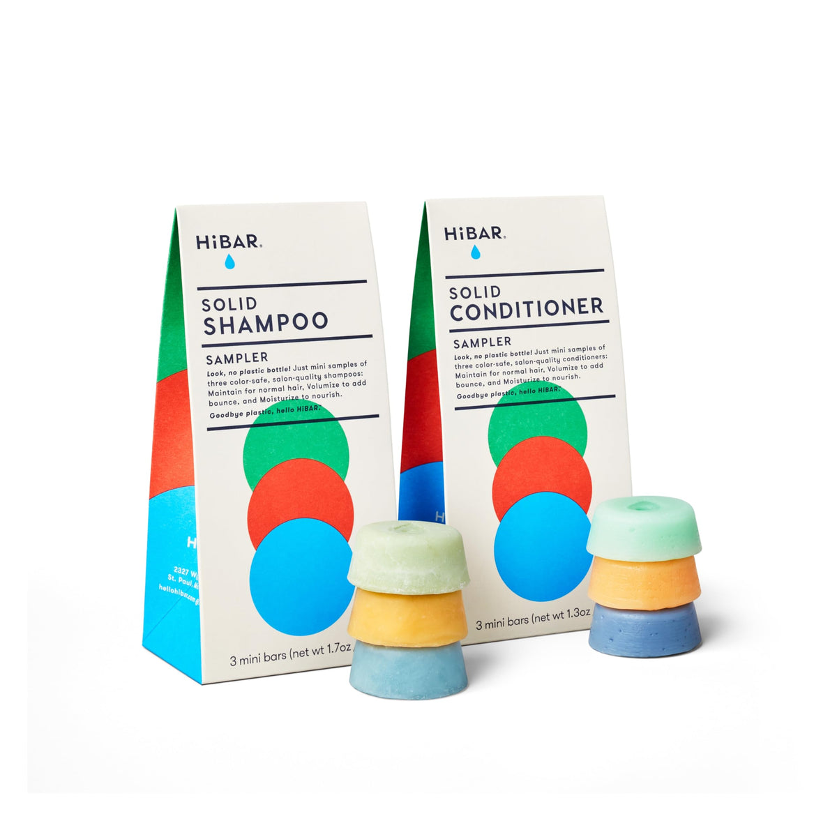 HiBAR sampler front packaging showing three labeled solid bars and eco packaging benefit.