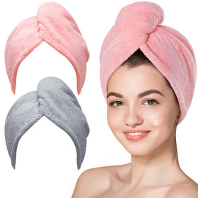Hicober front view of pink and grey towels showing absorbent design and quick dry benefit