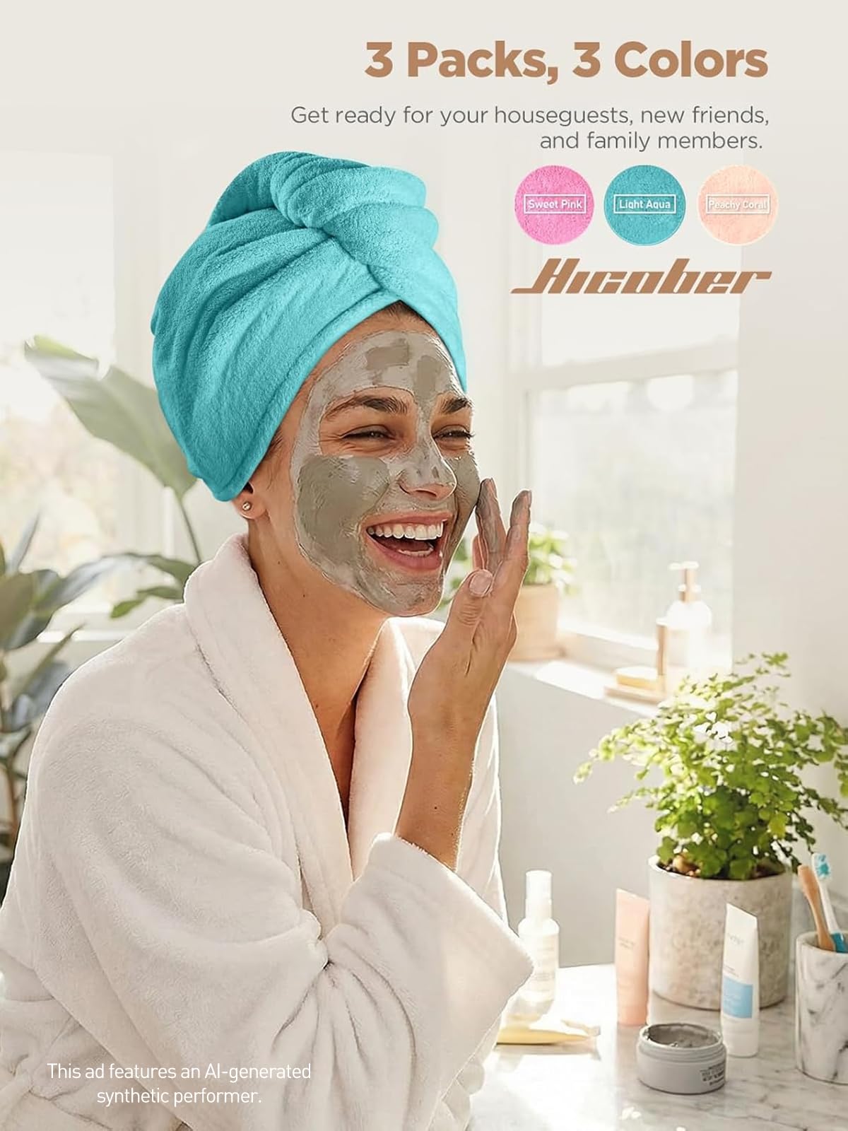 Hicober on model in bathroom demonstrating comfortable frizz-reducing wrap