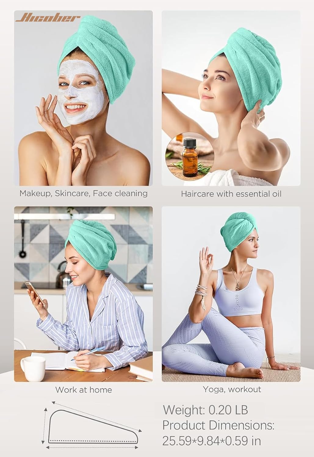 Hicober model wearing pink turban showing hands-free drying comfort