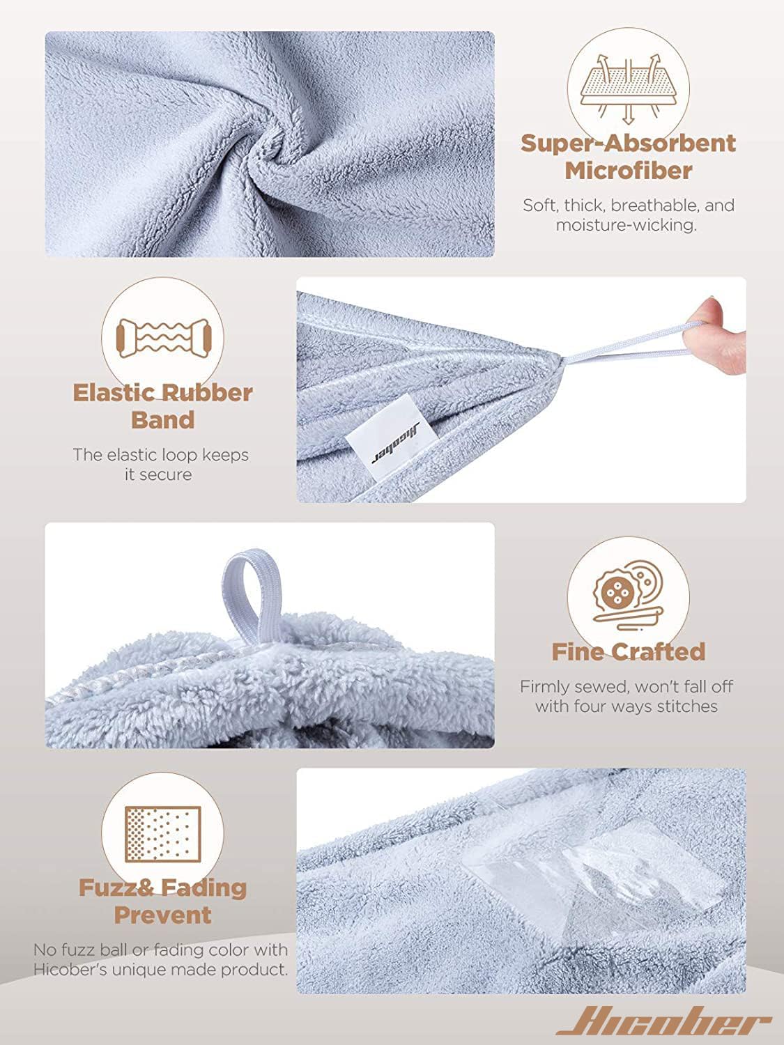Hicober model wearing turban after shower illustrating hands-free drying benefit
