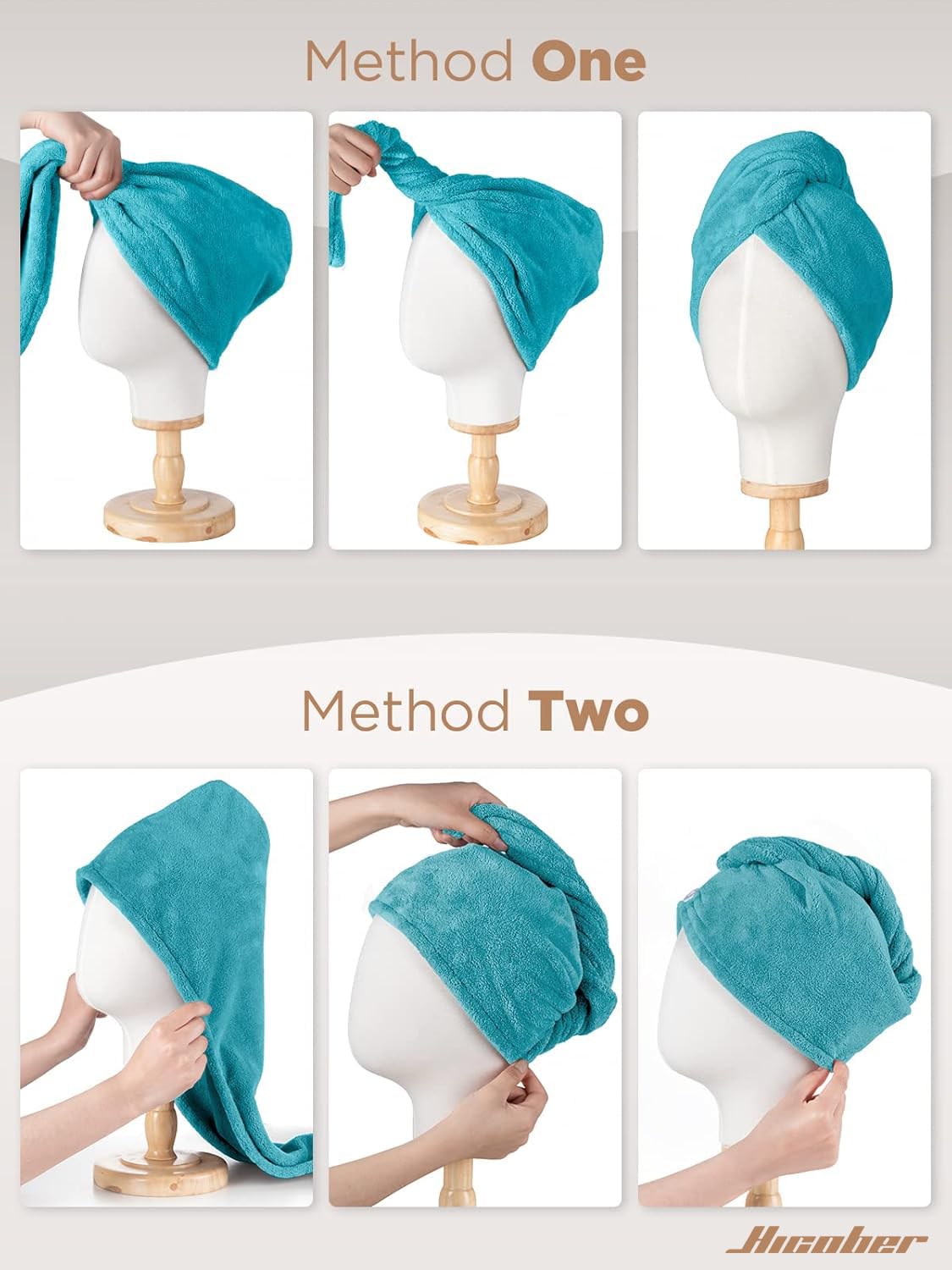 Hicober towel next to hand for size comparison highlighting compactness