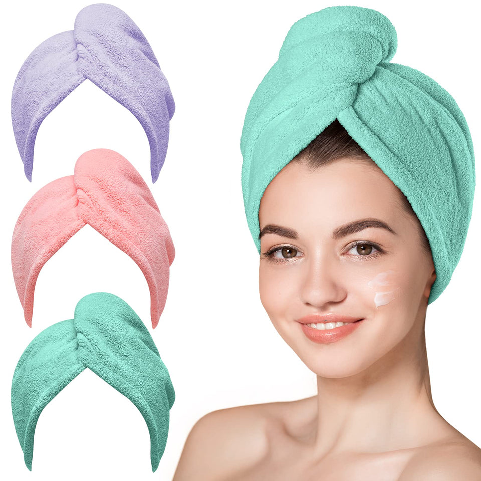 Hicober three-pack front view showing pink purple and green turbans, compact storage benefit