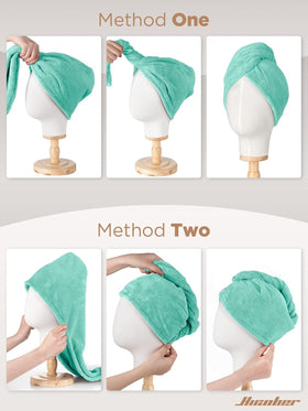 Hicober towel on wet hair before and after showing frizz reduction benefit