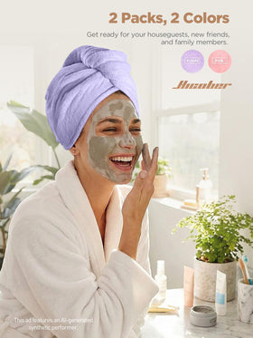 Hicober model wrapping wet hair with turban showing quick-dry convenience