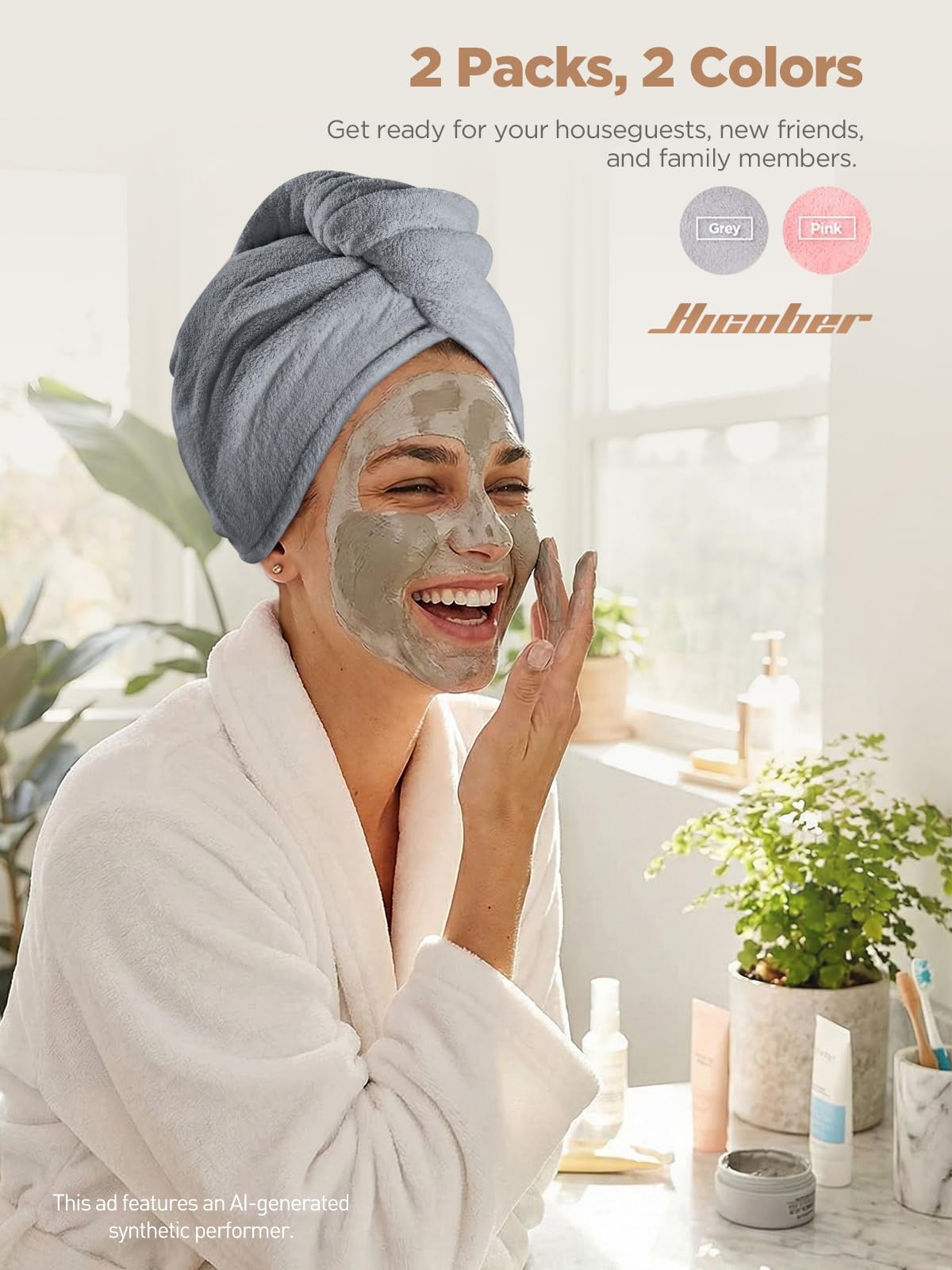Hicober towel wrapped on wet hair demonstrating hands‑free drying convenience
