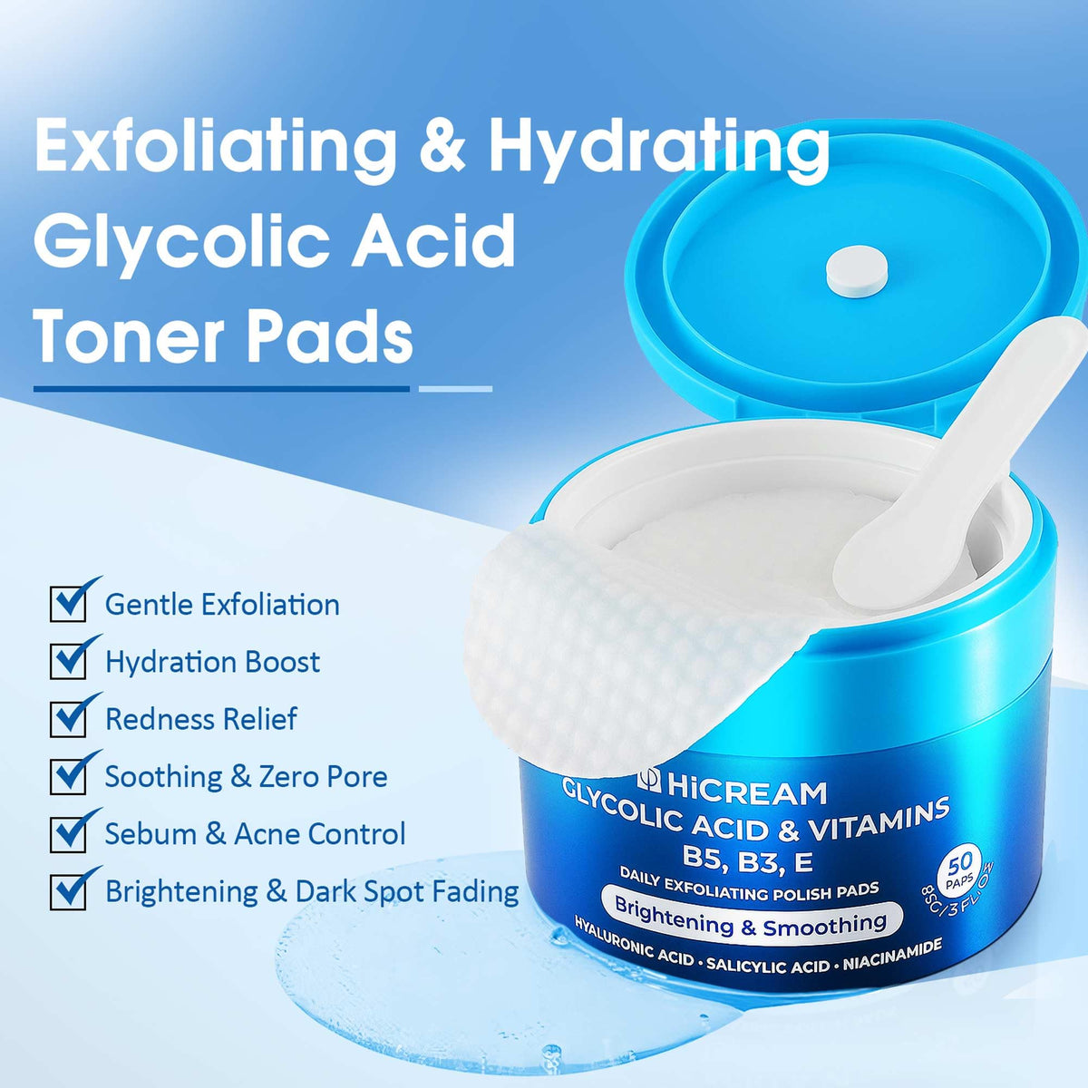 Close-up of Hicream dual-textured pad showing exfoliating surface and gentle side