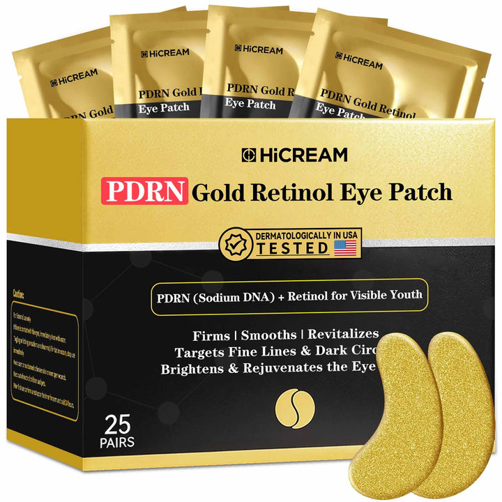 Hicream front box and two visible under eye patches showing compact kit benefit