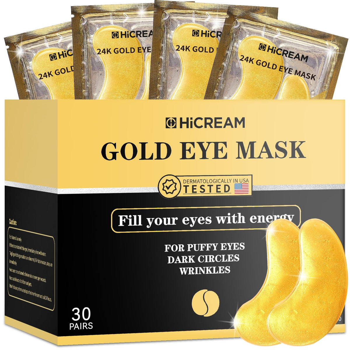 Hicream front packaging showing gold under eye patches and benefits