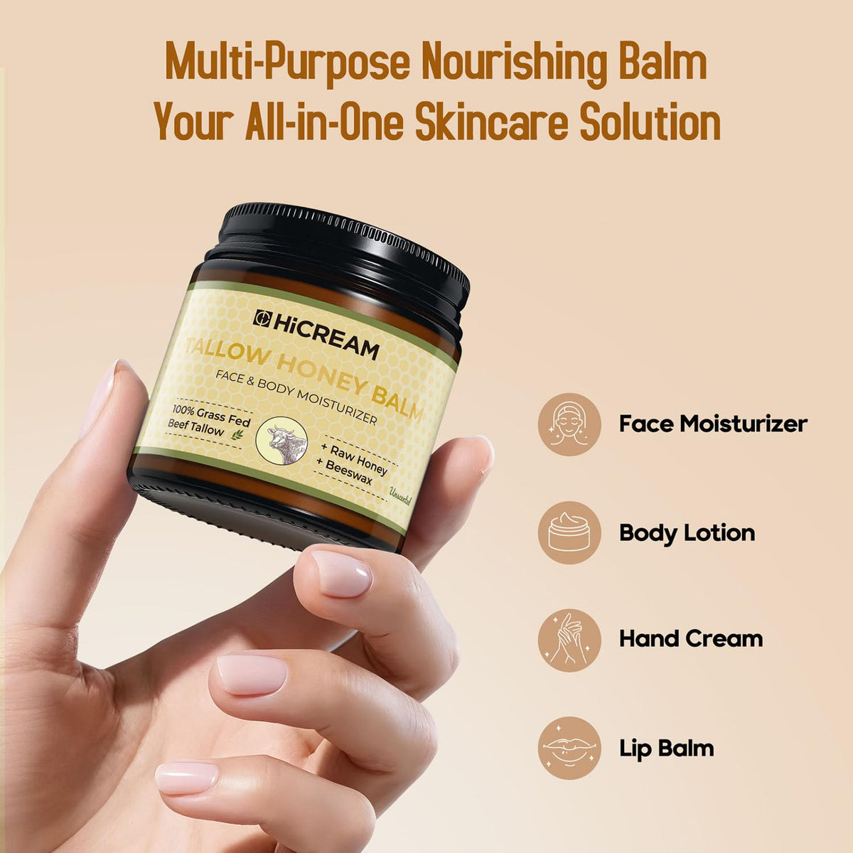 Hicream label close-up listing grass-fed tallow and bakuchiol for clarity