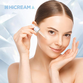 Hicream bottle beside night cream in bedside setting promoting routine use