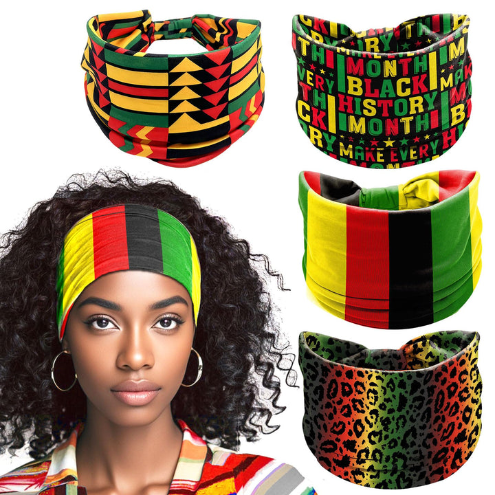 HIFANMM front view of four Juneteenth headbands showing bold heritage colors and patterns for expressive style
