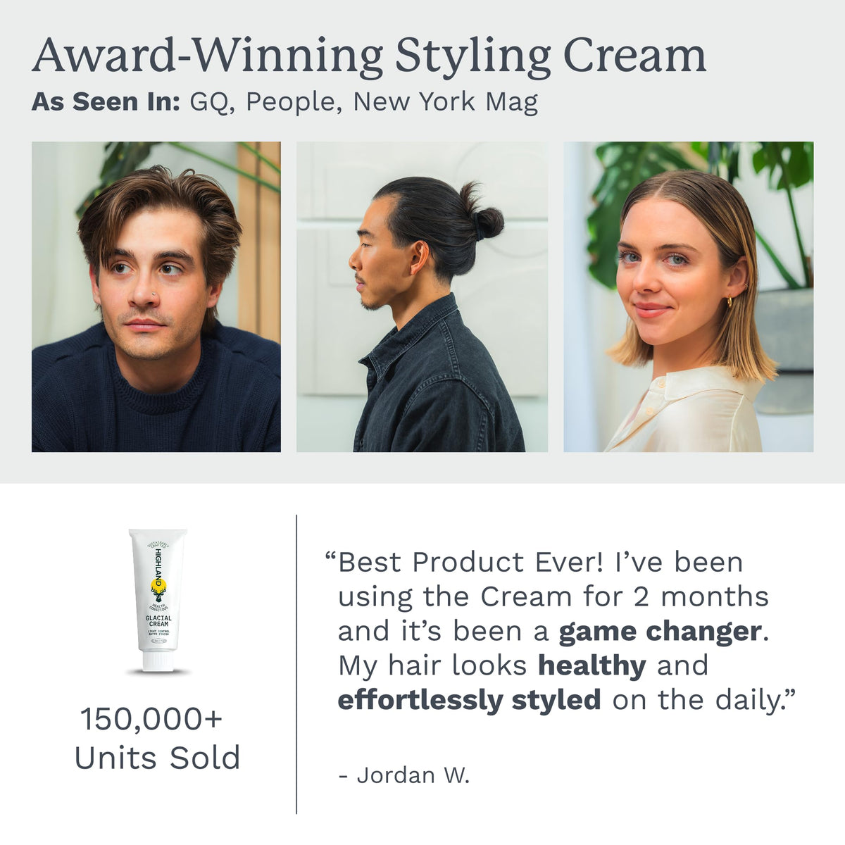 Highland Glacial Cream side-by-side before and after, Highland reducing frizz and improving texture