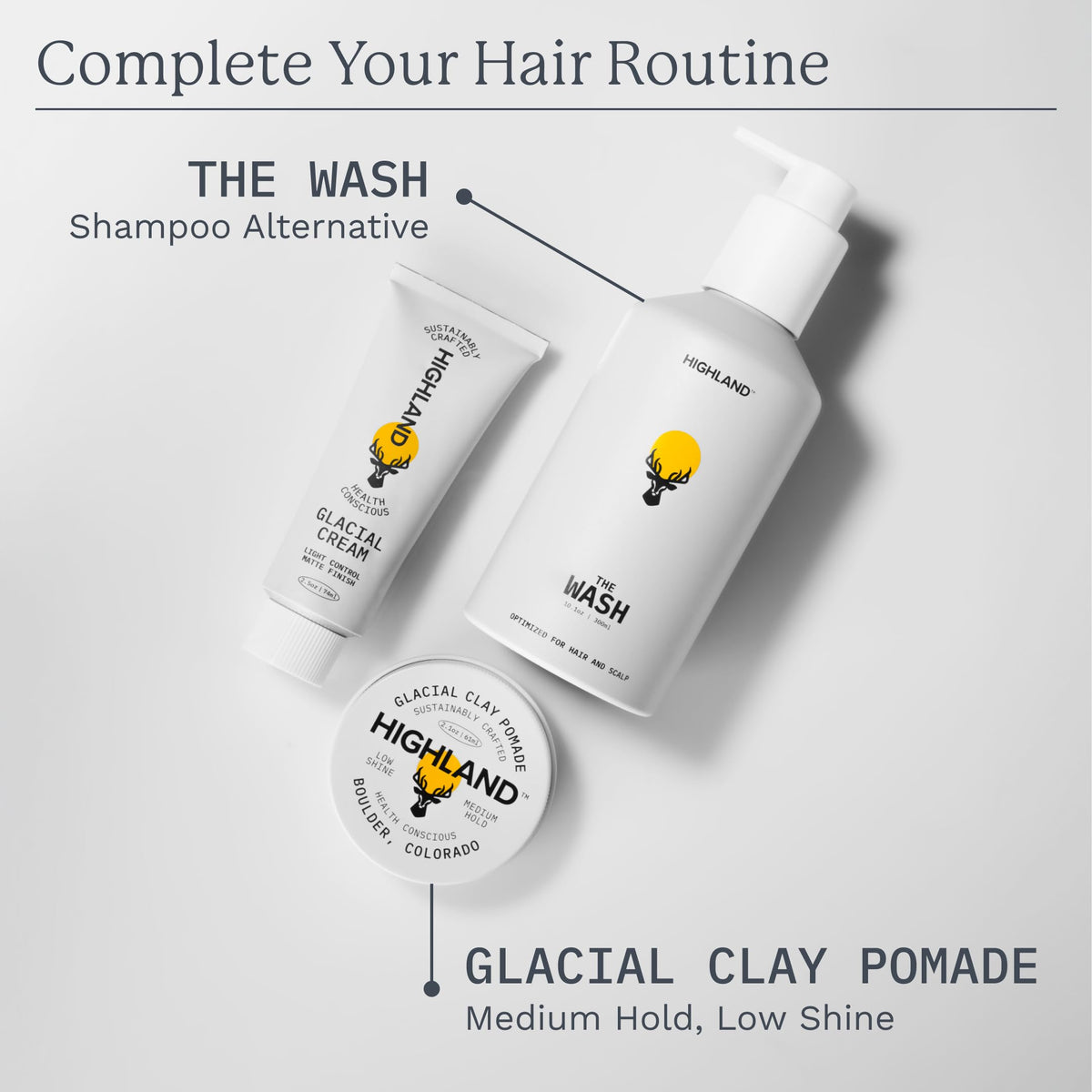 Highland Glacial Cream styled on bathroom shelf in routine scene, Highland boosting daily grooming