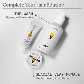 Highland Glacial Cream styled on bathroom shelf in routine scene, Highland boosting daily grooming