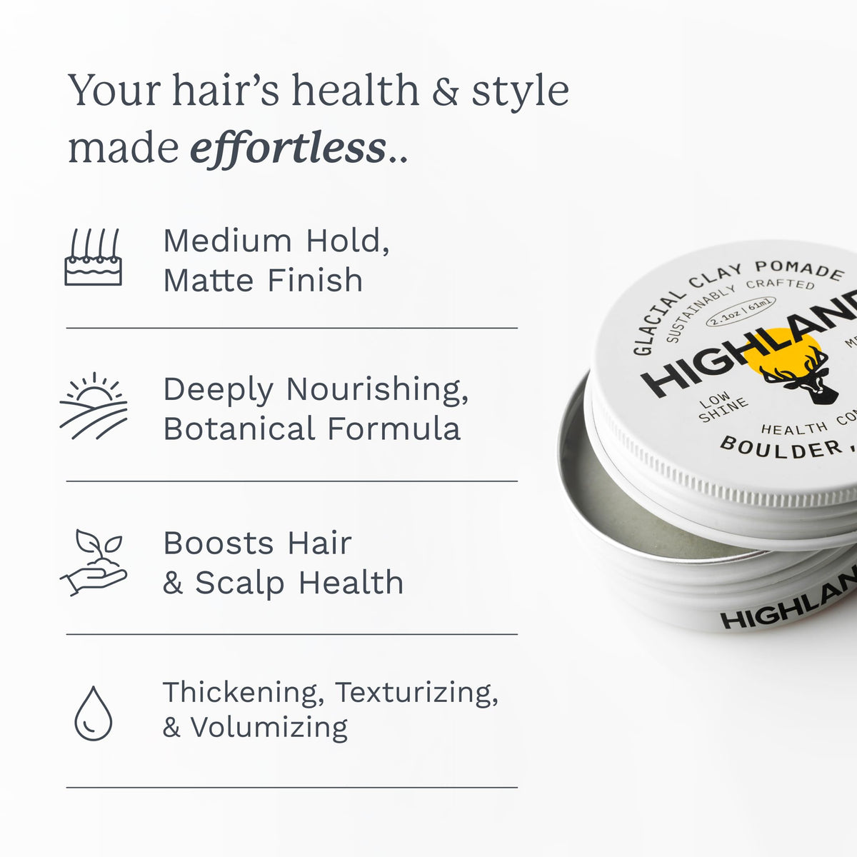 Highland open tin showing creamy clay texture and easy scoop for quick styling
