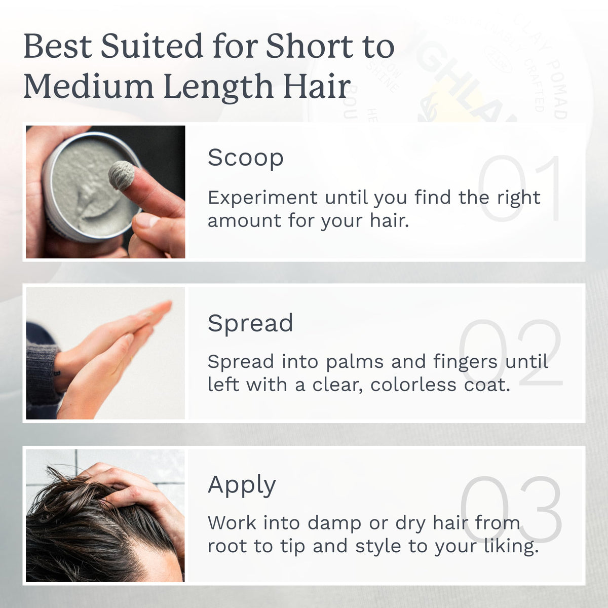 Highland styled short hair showing defined texture and natural low shine finish