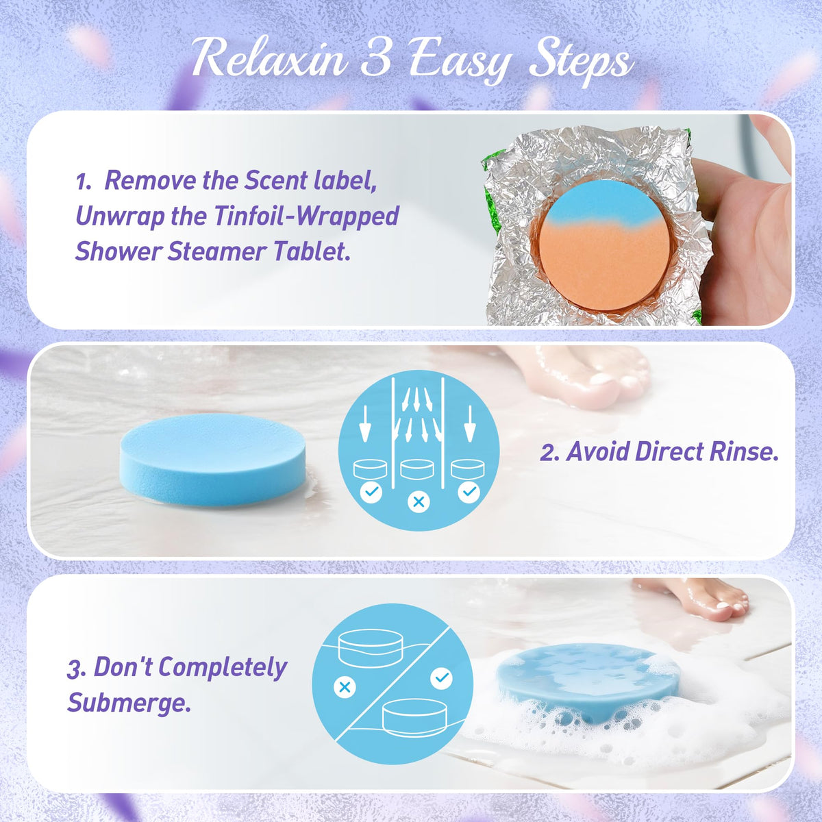 HiHas tablet on shower floor releasing steam to enhance shower fragrance