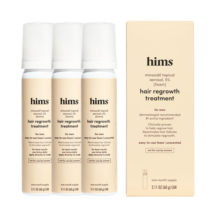 HIMS & HERS front packaging showing minoxidil 5% and benefits