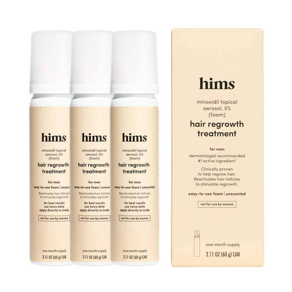 HIMS & HERS front packaging showing minoxidil 5% and benefits