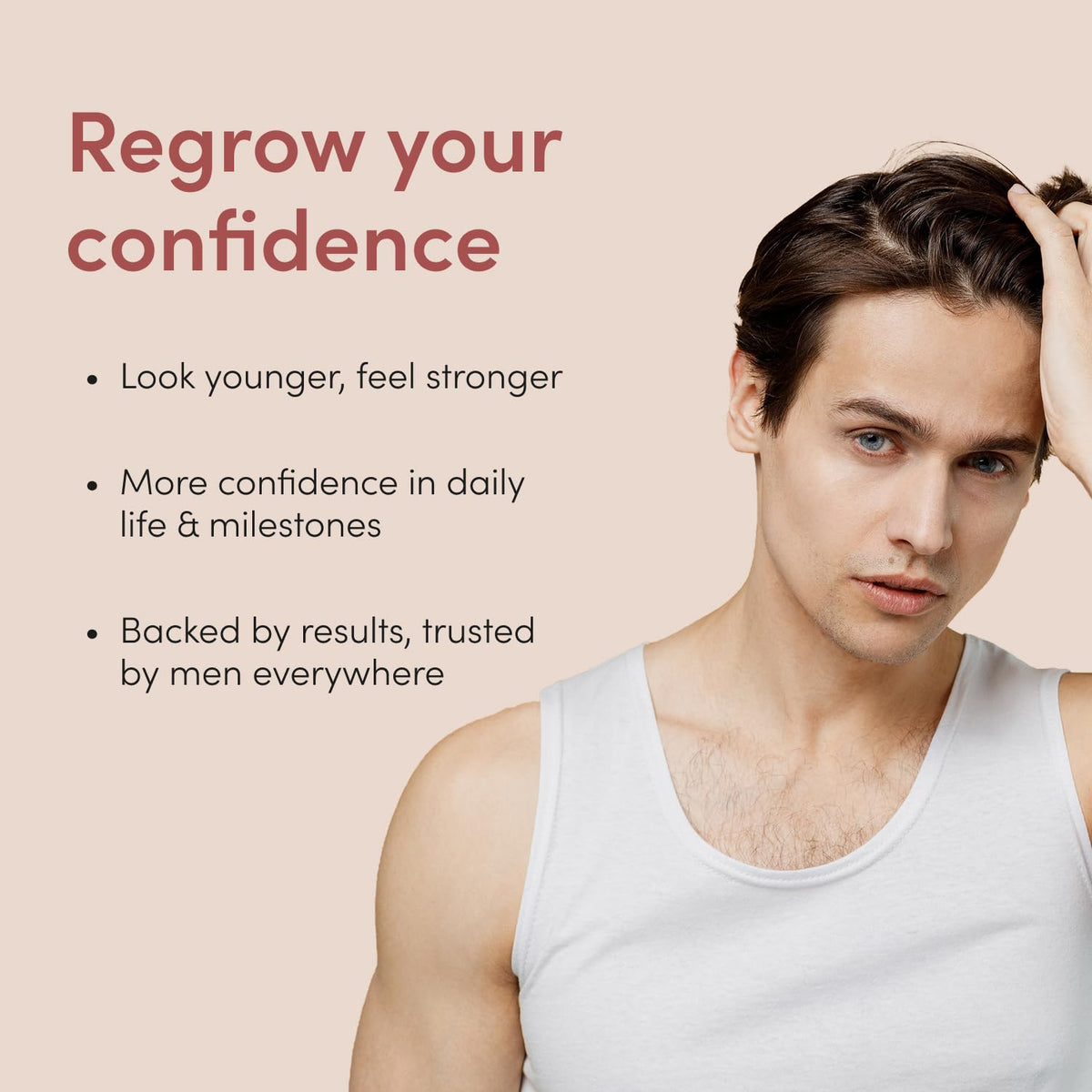 hims hair before and after styling comparison, conveys improved fullness benefit