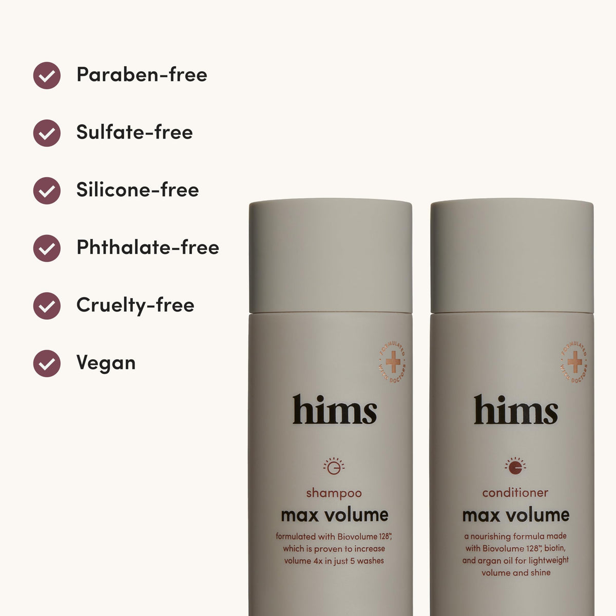 hims bottle label close-up highlighting Biovolume 128 ingredient