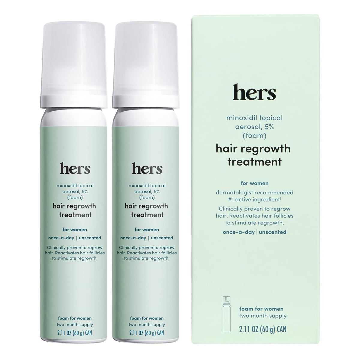 HERS 5% minoxidil foam front packaging showing clean design and quantity
