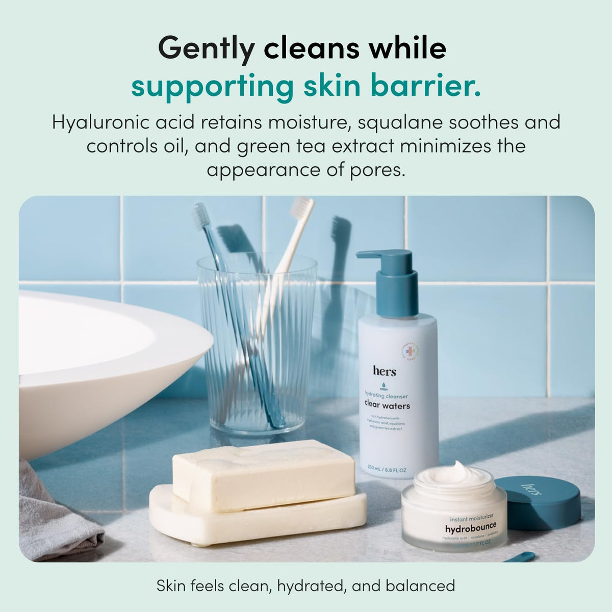 HIMS & HERS foam texture on fingertip showing gentle cleansing action