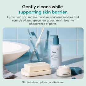 HIMS & HERS foam texture on fingertip showing gentle cleansing action