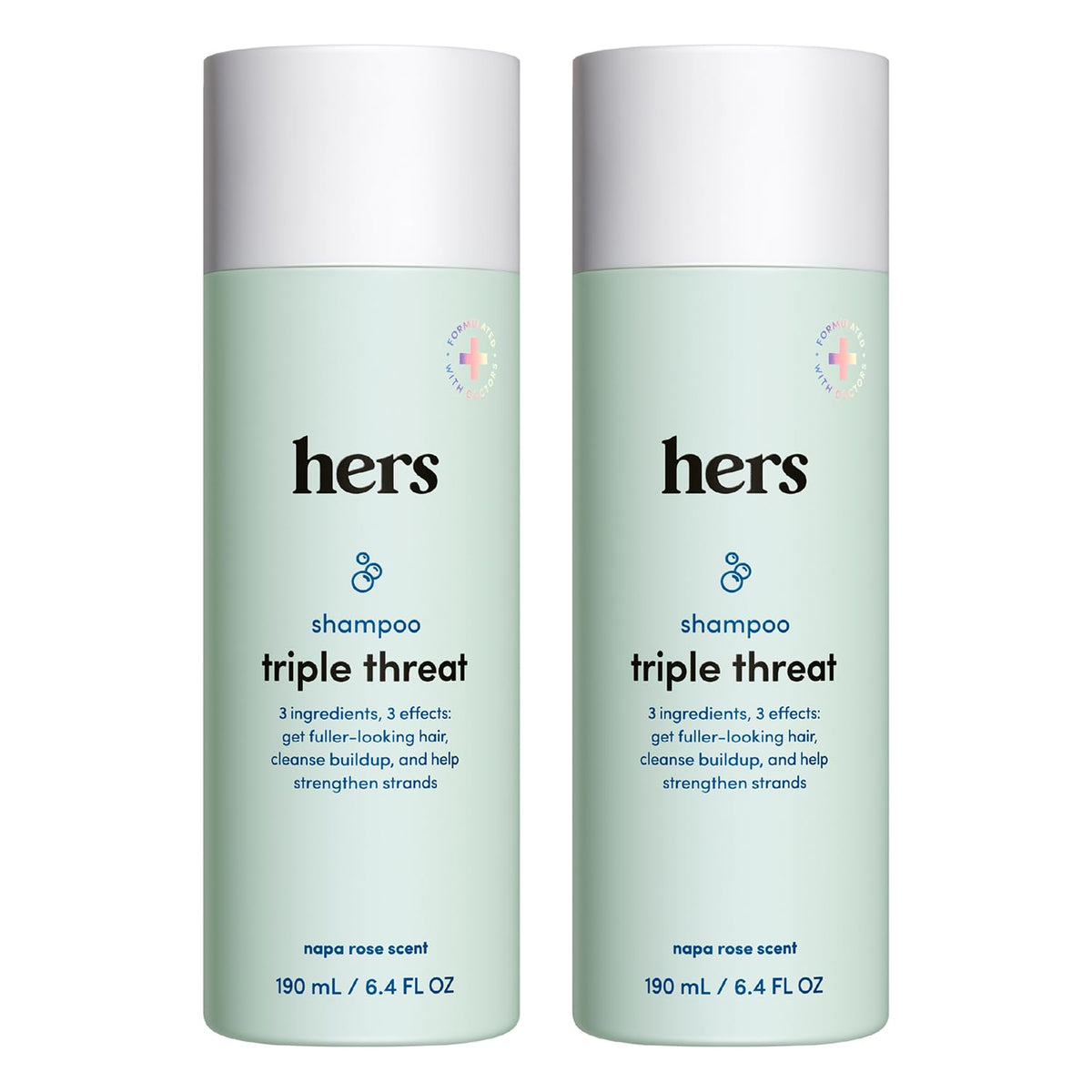 HIMS & HERS front packaging showing two 6.4 fl oz bottles and benefits
