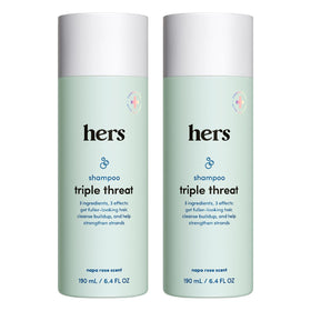 HIMS & HERS front packaging showing two 6.4 fl oz bottles and benefits