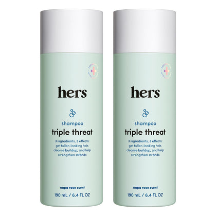 HIMS & HERS front packaging showing two 6.4 fl oz bottles and benefits